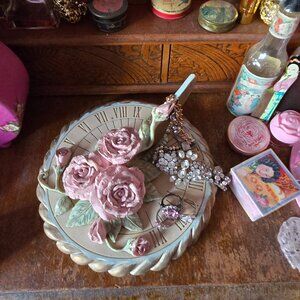 Vintage Decorative Pink Rose Sundial Jewelry Tray Romantic Garden Cottagecore